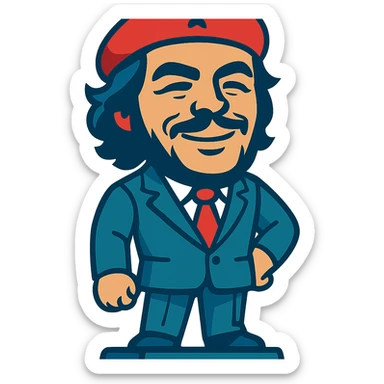 statuette of Che Guevara in a suit and tie, big head, confident smile sticker