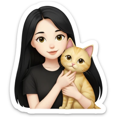 pale girl  with dark eyes and long black hair wearing black shirt kissing light gold cat holding smiling  sticker