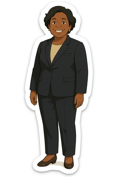 The full body of a modern day middle aged black female politician wearing a suite and smiling sticker