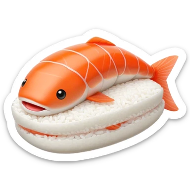 Cute Kawaii Nigiri Sushi, plump and happy, a soft white rice pillow topped with bright orange salmon, tiny blushing cheeks, big round eyes, a joyful floating expression! sticker