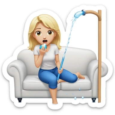 simple blond woman kneeling, surprised, big cartoon stick with D-shaped knob emerging from hanging pants, water splash into her mouth, white sofa in the background sticker