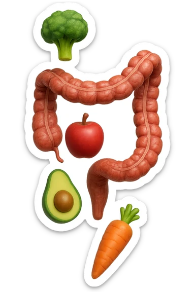 emoji stile iphone in 3d di cibo sano che fluttua in aria vericalmente insieme a pezzi di colon umano anatomico, iperrealistico 4k sticker