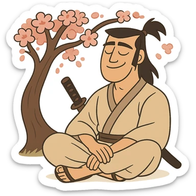 chill samurai, sitting under cherry blossom, peaceful, gentle smile, stylized illustration sticker
