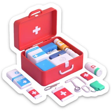 emergency first aid kit box open with medical supplies sticker