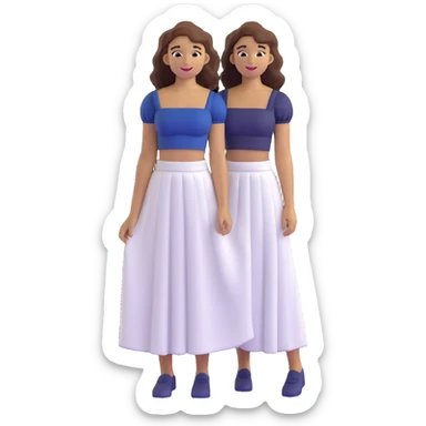 tan girl with wavy hair, white long skirt, navy blue ruched square neck crop top, smiling, standing pose sticker