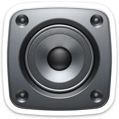Minimal emoji icon of a modern metallic speaker, front view, detailed geometry, dark metallic body, subtle highlights, isolated sticker