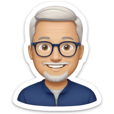 Light-skinned wider-built man with oval face, very close-cut hair (shorter on top, skin fade), short graying beard, big black glasses frames, happy smile, navy blue zip-up sweatshirt with long sleeves sticker
