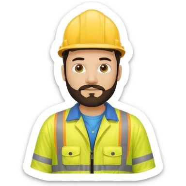 man with dark hair and beard and yellow hi vis overalls sticker