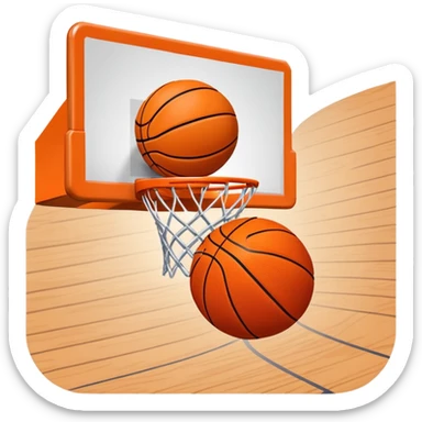 A close-up shot of a basketball entering the hoop, with the ball swishing through and inside  the basket. The background features a blurred basketball court, emphasizing the perfect shot and the excitement of the game. sticker