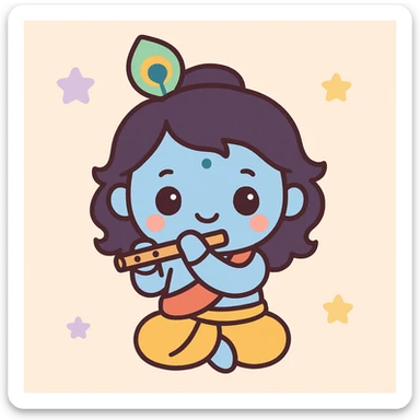 Krishna, the Hindu deity, with blue skin, peacock feather crown, gentle smile, in Kawaii style, cute and vibrant sticker