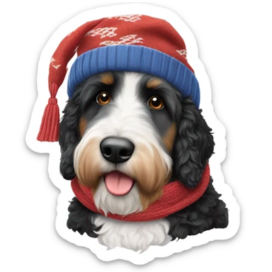 Bernedoodle with knoxville smokies hat and scarf sticker