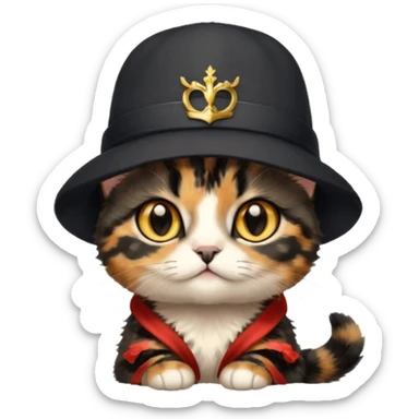 Cute black tortoiseshell kitten wearing a british hat, golden eyes sticker