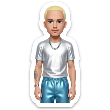 Eminem with blue eyes, blonde short hair, white metallic t-shirt, light blue metallic baggy pants, silver necklace sticker