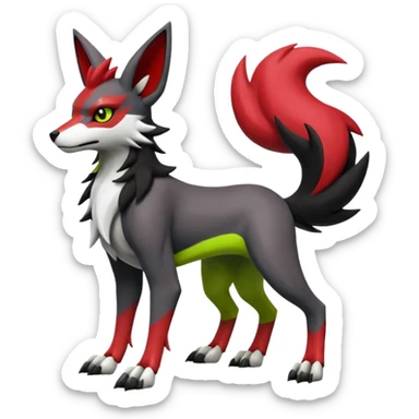 Hyper realistic skeletal black and neon green and neon yellow Zangoose-Lycanroc-Zorua-Litten-Houndoom-Fakémon-Pokémon-Digimon-hybrid-fusion (full body) sticker