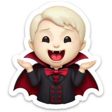 Cinematic Cute Yawning Vampire Portrait Emoji, with a small, rounded, charming pale face accented with tiny playful fangs and droopy, half-closed eyes, head tilted in an adorable wide yawn, dressed in miniature elegant dark attire with a hint of crimson, simplified yet irresistibly endearing, highly detailed with a soft, mysterious glow and gentle outline that captures the cute, drowsy side of an immortal! sticker