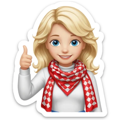 Blonde Girl Model, Blue Eyes, wavy hair, smiling, thumbs up, wearing red Checkered Triangle scarf, white dress sticker