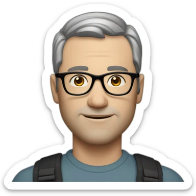 middle age lean white man, black short hair, black glasses, blueeyes sticker