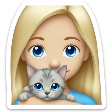 Blonde girl with blue eyes holding a blue Russian cat  sticker