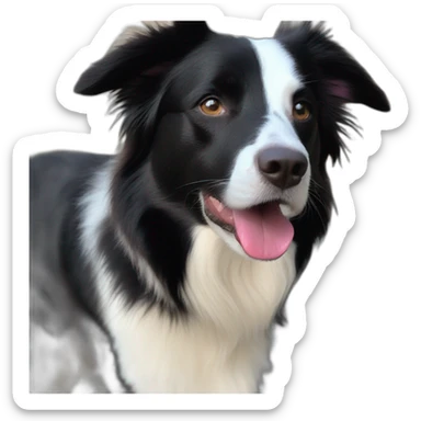 white and black dog with dark brown eyes happy  short hair mixed breed as border collie 2 years old with sticker
