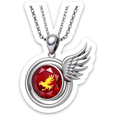 phoenix-inspired ruby pendant, deep red core with yellow ember edges, floating silver chain sticker