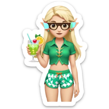 elf female legolas portrait, patterned board shorts (geometric/abstract), unique wooden-framed sunglasses, undercut hairstyle, slight smirk, visible pointy ears, no background, centered emoji, hipster summer vibe coctails sticker