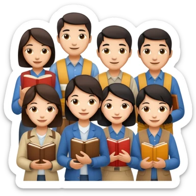 asian civil society, friendly, a group of, some holding books, some doing farming, some writing sticker