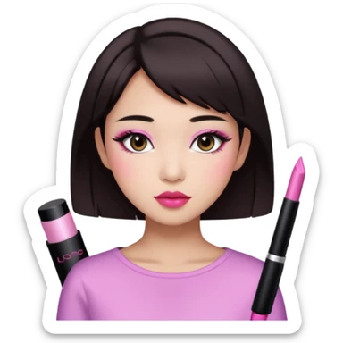 asian girl with short dark brown hair and dark brown eyes with a soft girl pink glowup aesthetic sticker