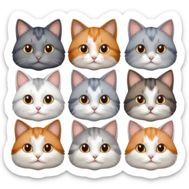 6 realistic looking cats with different natural coloured coats, assorted grey and white, greys, calico, brown and white colours etc
 sticker