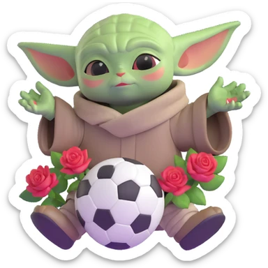 baby yoda kicking a soccer ball with small roses beside him sticker