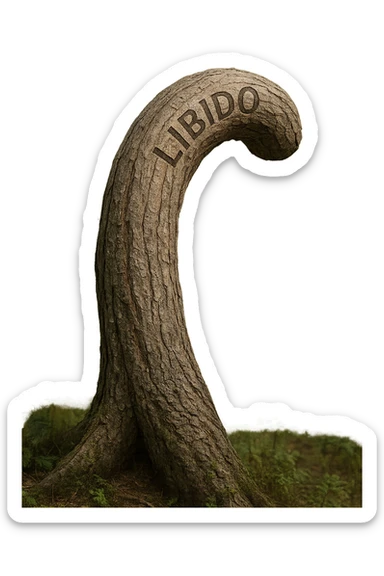 Realistic, vertical 4K illustration: a hyperrealistic tree trunk in a forest setting, noticeably bent, drooping, or wilted instead of standing upright. The bark is textured and detailed WITH THE WORD "LIBIDO" PRINTED ON IT, with subtle cracks and faded colors suggesting loss of vitality. Soft, natural light filters through the surrounding trees, casting gentle shadows. The scene is quiet and contemplative, with the trunk’s unusual, slumped posture symbolizing a decline in male libido. The background is lush and detailed, but the focus remains on the central, softened trunk, evoking a sense of vulnerability and introspection. sticker