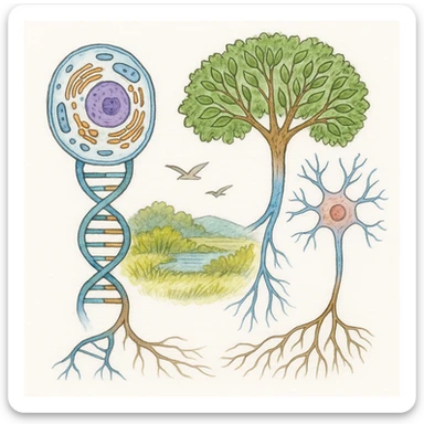 A realistic biological illustration (like in a school book) showing: DNA strands transitioning into a tree, cells with visible organelles, neurons connected to plant roots  and a balanced ecosystem background . Seamless integration, no labels or borders, white background, detailed but minimalist.  sticker