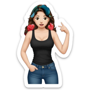 Medium length wavy Brown hair. Very Large boobs. Black tanktop. Side profile. Tongue. Hand on man's jeans sticker