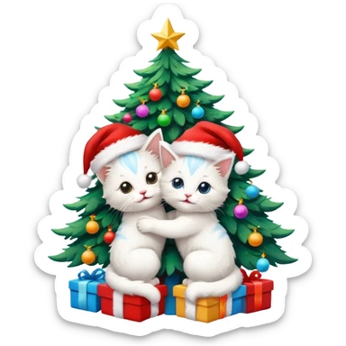 two hugging white happy fluffy cute kittens with Santa hats by a colorful multicolored bright little up Christmas tree sticker
