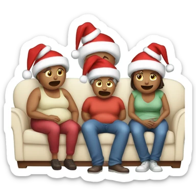 Family sitting on couch wearing Christmas hats and one person burping sleeping with fat belly’s after eating too much turkey sticker