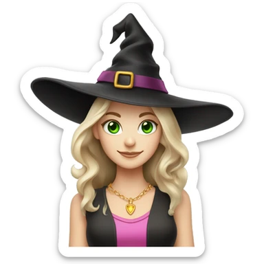 Witchy light brunette haired green eyed white girl with a witty smile a gold necklace and a black witch hat with a pink bow sticker