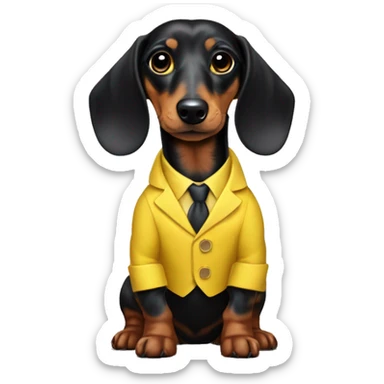 Black log haired dapple dachshund in a yellow suit sticker