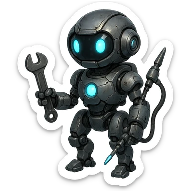 worker drone, futuristic, metallic body, glowing blue lights, carrying tools sticker