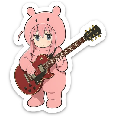 Bocchi the Rock character in a pink costume holding a guitar, anime style sticker