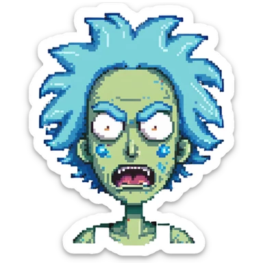 Rick from Rick and Morty with angry expression, wild blue hair, furious face sticker