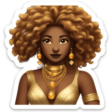Create an emoji of a confident woman with voluminous lion-like hair, bold makeup, and gold jewelry, embodying the Leo zodiac sign with a regal expression and fiery energy. sticker
