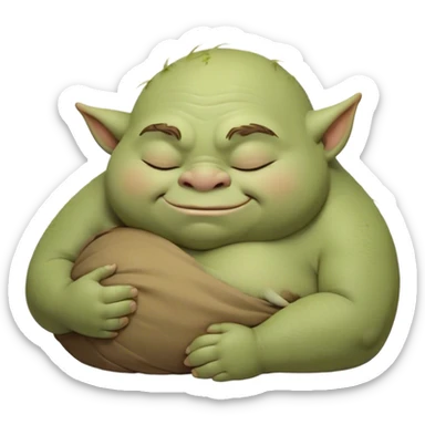 Meme-Worthy Cute Sleeping Ogre Portrait Emoji, with a surprisingly endearing, plump figure in soft earthy greens and browns, head drooping gently with closed, relaxed eyes and a content, sleepy grin, simplified yet adorably detailed, glowing with a soft warm outline that captures the peaceful slumber of a friendly ogre after a day of gentle mischief! sticker