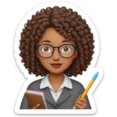 woman teacher, brown skin, curly hair, old, wearing glasses, hold chalk on hand sticker
