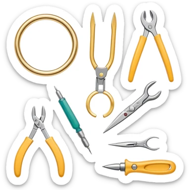 Jewelry art icon, various jewelry pieces like rings, necklaces, and bracelets in progress, visible tools such as pliers, gemstone, wire, and soldering equipment, minimalistic style, clean lines, transparent background. sticker
