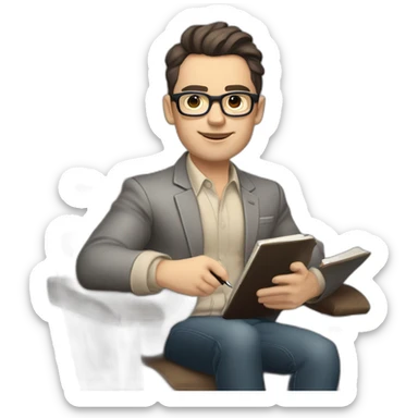 Pale skinned Fit Man With dark brown hair in gray jacket, beige office shirt and vintage glasses sitting In a soft chair with a notebook with emblem Ψ and a pen in his hands sticker