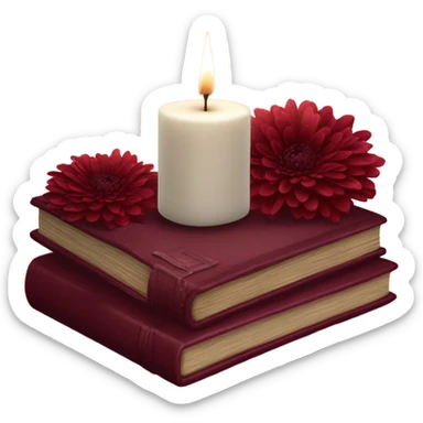 A maroon book stack adorned with ruby-red chrysanthemums and a candle sticker