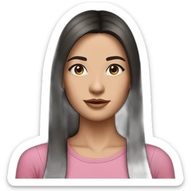 caucasian woman, with long straight hair, black  hair, brown eyes,with a pink top,hyperrealist sticker