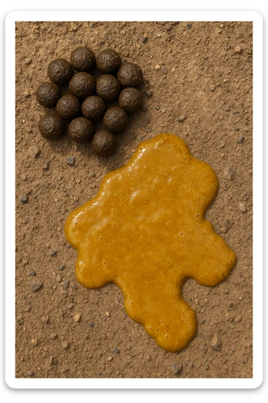 feci di animale a palline viste dall'alto e feci di animale liquide e gialline viste dall'alto, iperrealistico 4k sticker