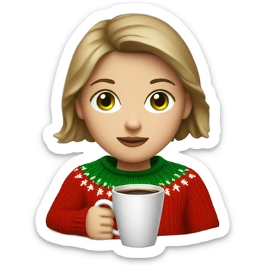 Light brown short haired girl with green eyes drinking coffee wearing red Christmas sweater sticker