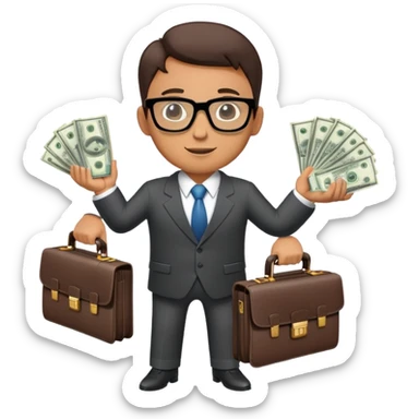 Male businessman wearing a suit and glasses holding open a briefcase showing stacks of dollar bills inside sticker