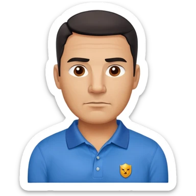 Strong built middle-aged Hispanic man with tan complexion, square masculine face with defined jawline, short black hair with clean fade cut, medium dark brown eyes, thick eyebrows, wide nose, neutral expression, wearing blue polo shirt sticker